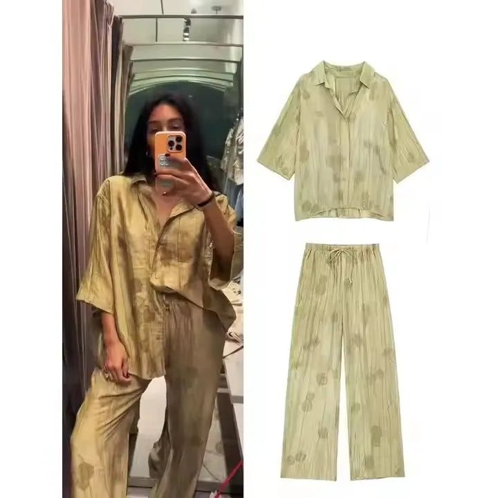 2 Pieces Set Women Lapel Half Sleeve Single Breasted Shirts Drawstring Wide Leg Pant New Linen Tie-dye Print Long Pants Sets