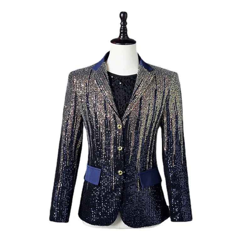 10% OFF S-4XL Men's Gradient Blue Sequin Lapel Lapel Casual Blazer DJ Singer Sparkling Coat Prom Dress