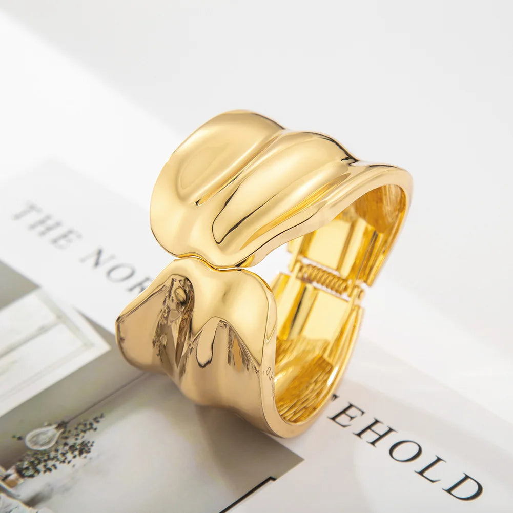 High Quality Fashion Gold Color Big Wide Cuff Bangles for Women Geometric Opening Bangles Heavy Jewelry Ladies Bracelet Party