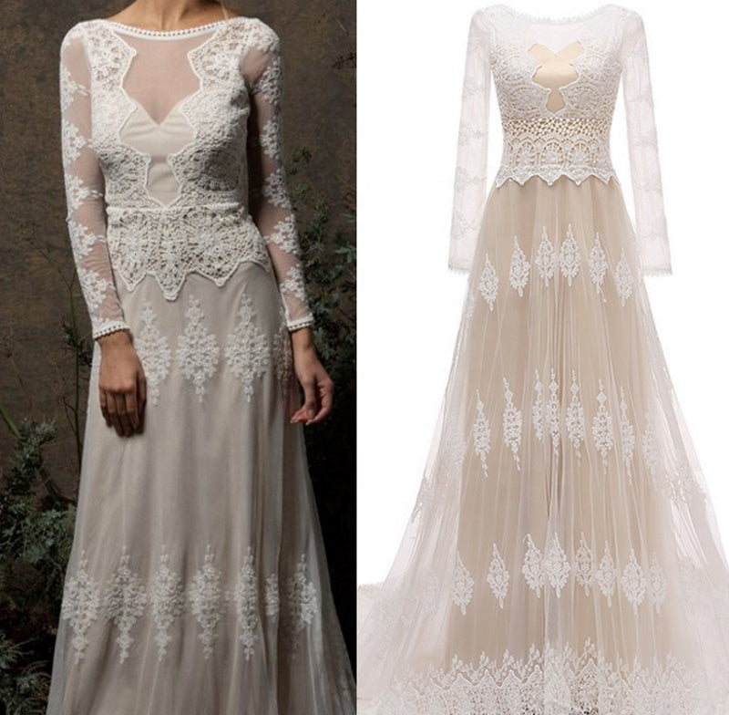 1301#Scoop Neck Backless Beach Lace Sweep Train Boho Full Sleeve Bride Gown Wedding Dress Bride Dress Vestidos De Novia