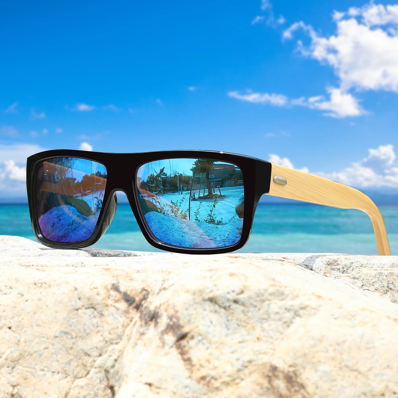 Fashion Design Custom Logo Men UV400 Sun Glasses Oversides PC Frame Wooden Bamboo Sunglasses Hand Made Sunshade Glasses