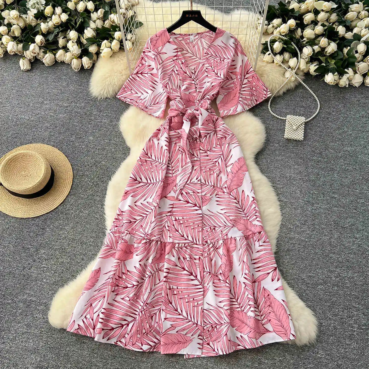 Europe and the United States Fashion V-neck Short-sleeved Lace-up Printed Dress Female Summer Ruffled Casual Dresses