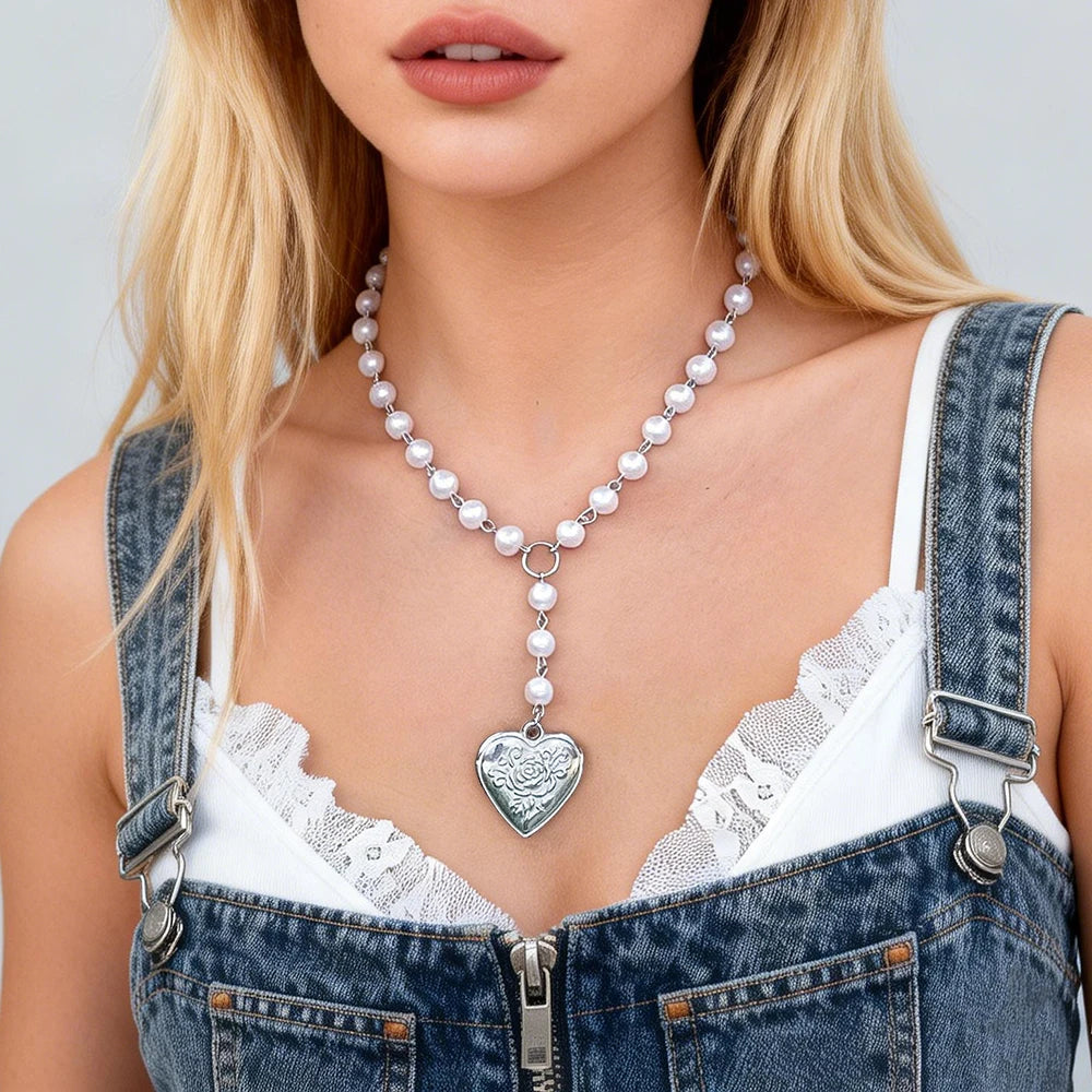 SHIXIN Fashion Y2K Pink Imitation Pearl Big Metal Peach Heart Pendant Necklace for Women Punk Charm Clavicle Chain Necklace Gift