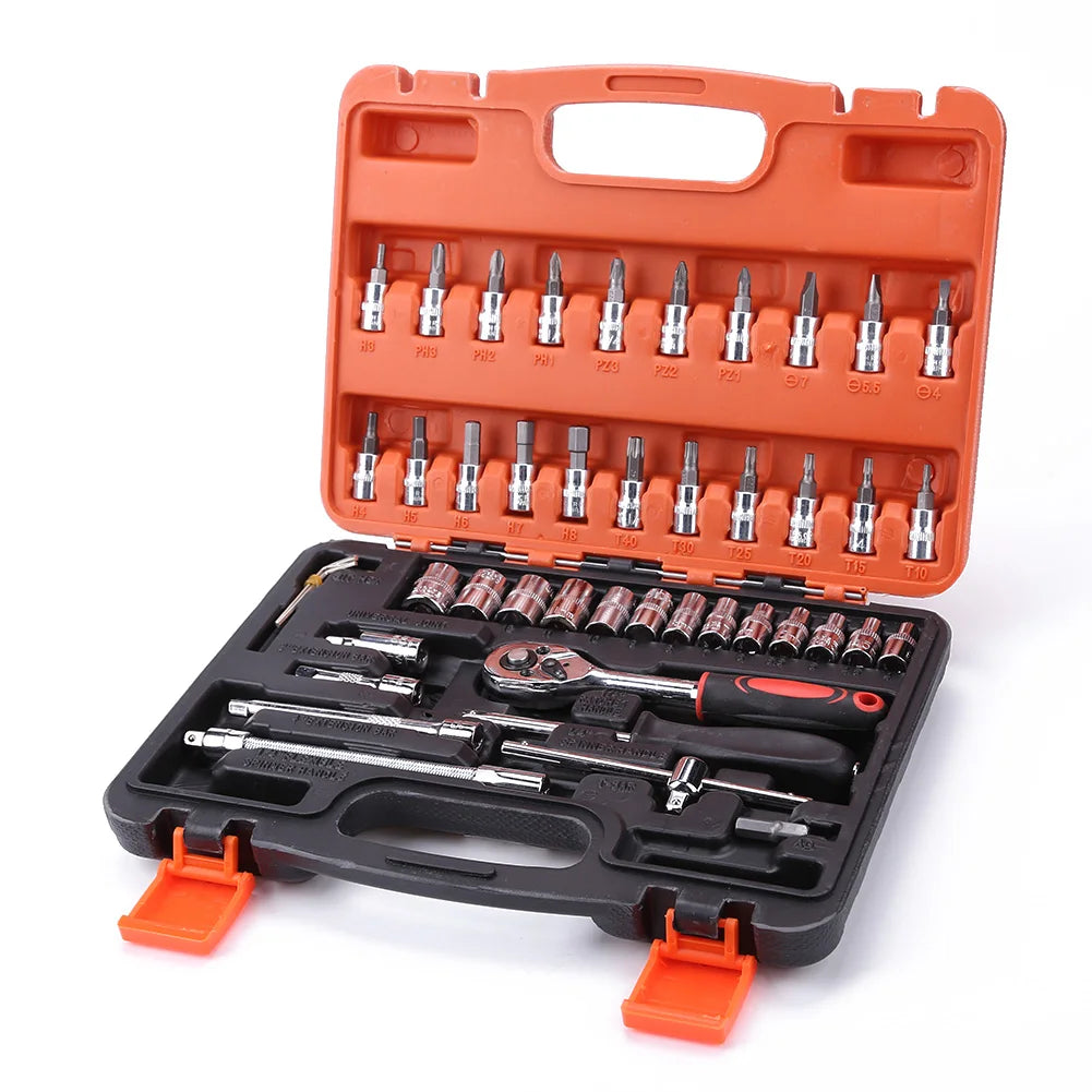 46 Piece Ratchet Socket Wrench Auto Repair Tool Box Screwdriver Chrome Vanadium Steel Hand Tool Combination Kit