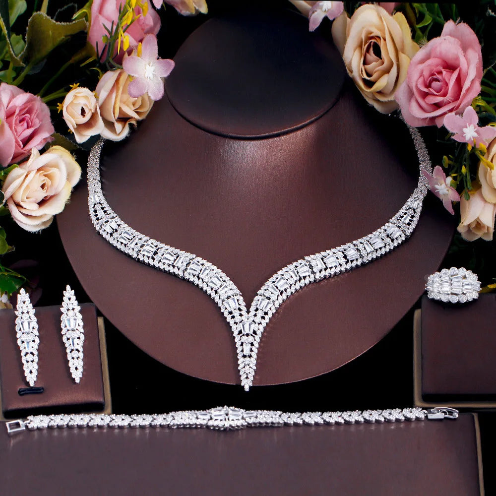 Bridal Gift Simple 3D Square Crystal Necklace Earring Set