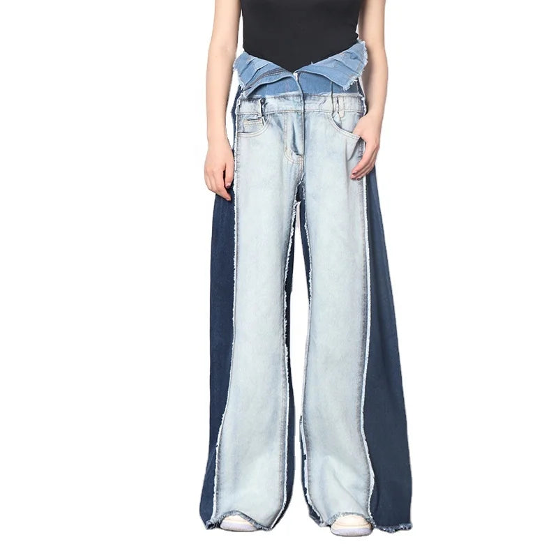 TWOTWINSTYLE Denim Patchwork High Waist Pocket Hit Color Large Size Wide Leg Pants Female