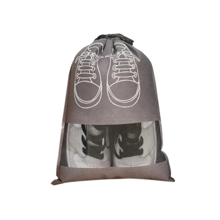 Portable Foldable Fabric Shoe Pouch with Rope Large Non Woven Travel Storage Organizer with Printed Design