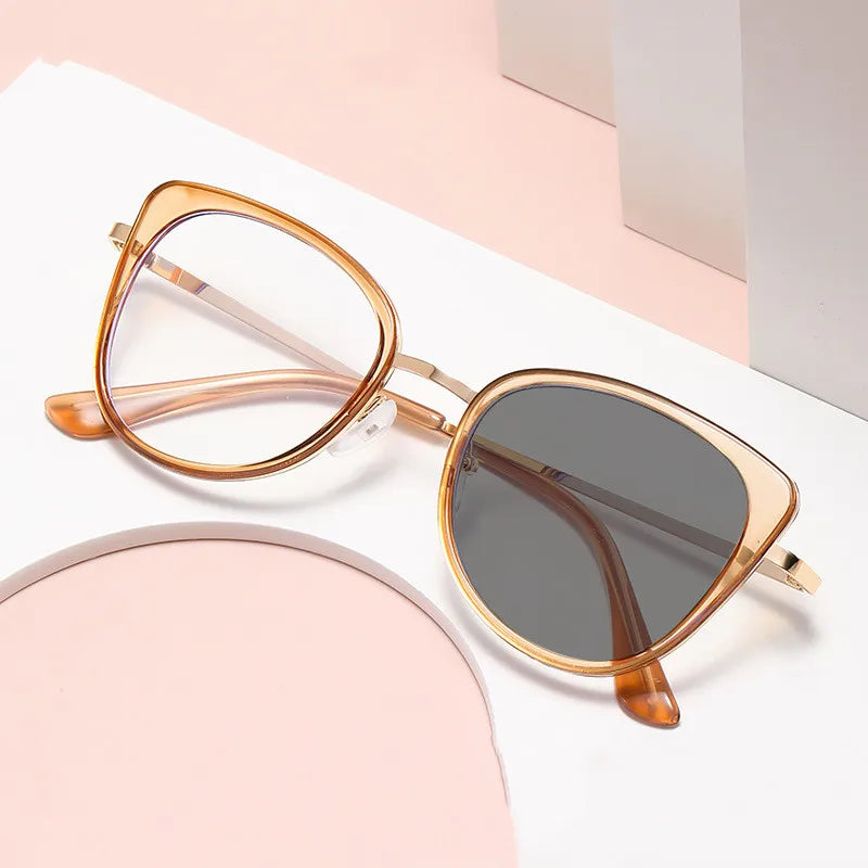 Trendy Vintage Colorful Computer Color Metal Legs Photochromic Glasses Optical Cat Eye Blue Light Blocking Eyeglasses