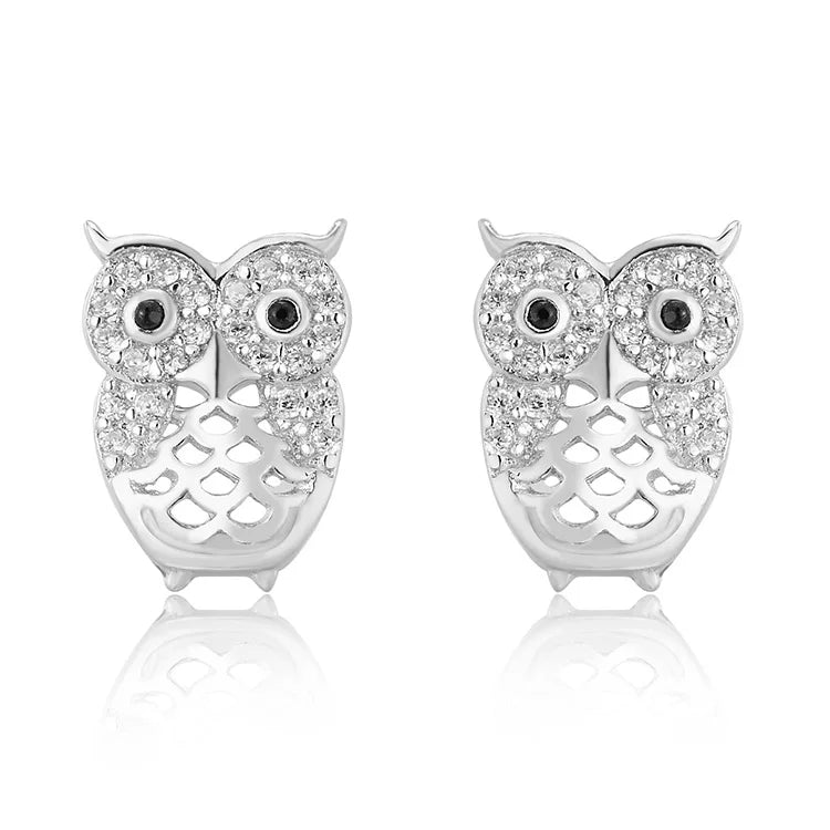 AAA Cubic Zirconia Rhodium and Gold Plated Cute 925 Sterling Silver Owl Earrings Trendy Animals Design for Wedding Engagement