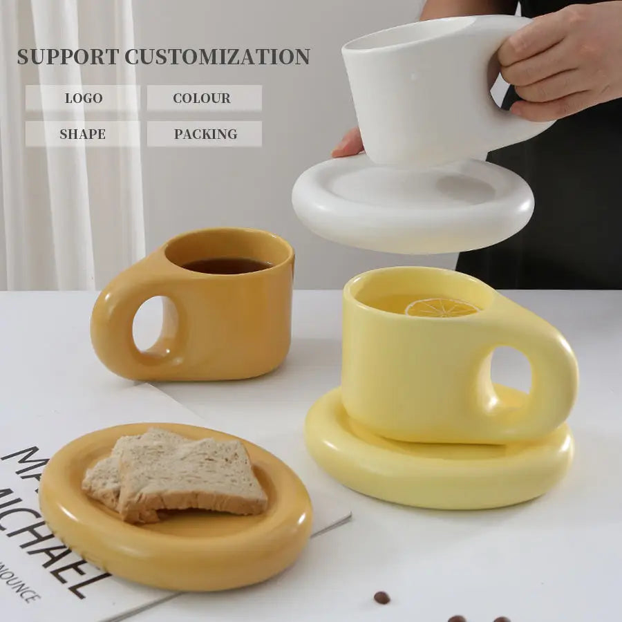 Wholesale Custom logo Printed Nordic Porcelain Coffee Mug Gift Box Set Cute Chubby Ceramic Tea Cup and Saucer