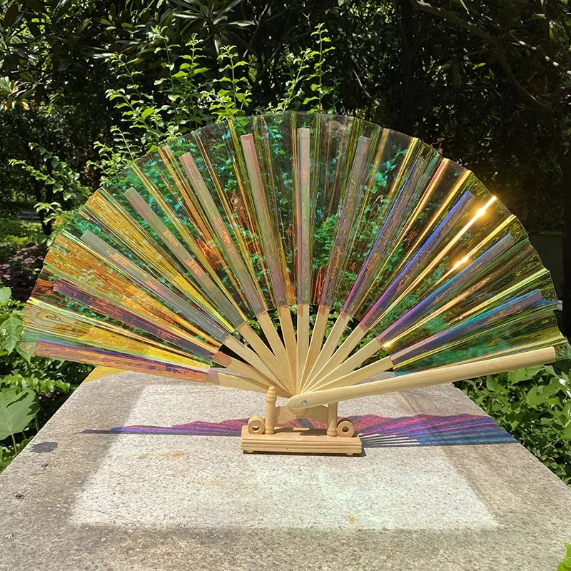 New Arrival Large 13 Inch 33 cm Holographic Fan Bamboo Ribs Nature Black Nylon Customized Folding Hand Fan Angel Bamboo Crafts