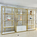 Modern Wig Salon Shop Interior Decoration Human Hair Display Stand Cabinet Luxury Stainless Steel Gold Wig Display Rack Shelf