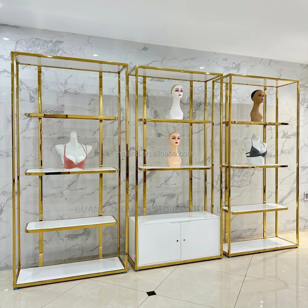 Modern Wig Salon Shop Interior Decoration Human Hair Display Stand Cabinet Luxury Stainless Steel Gold Wig Display Rack Shelf