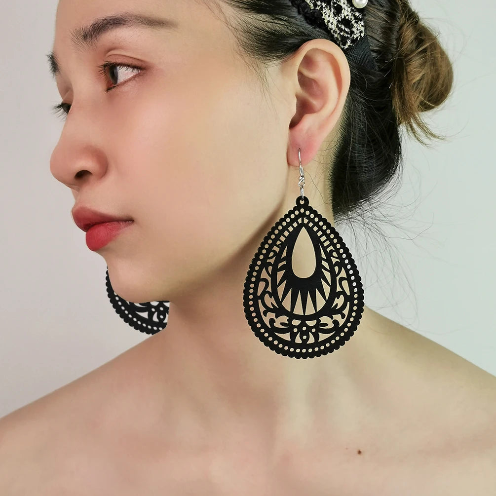 European and American Wooden Earrings Boho Popular Cross Border Handmade Hollow Out Wood Drop Dangle Earrings Accessories