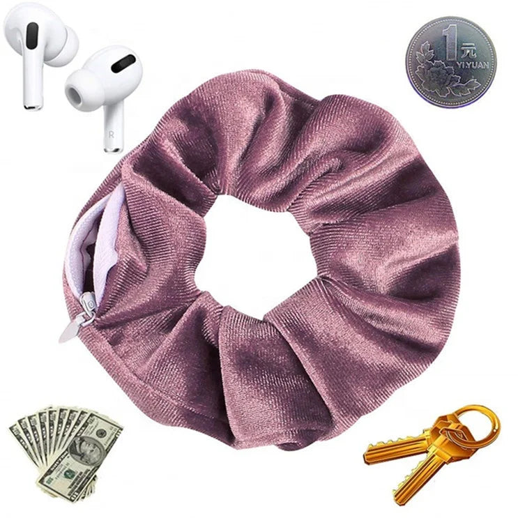 New Creative Multifunctional Scrunchies with Zipper Solid Color Soft Velvet Scrunchies With Pocket Scrunchies Wholesale