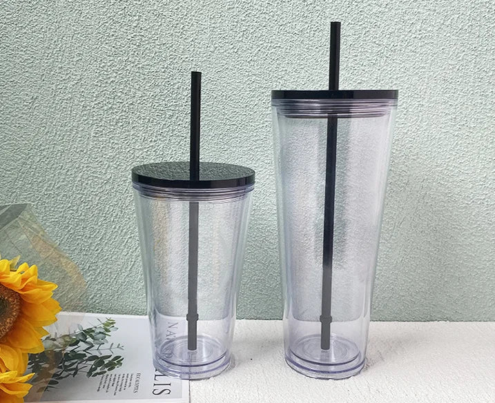 Wholesale 500ml 16oz clear Coffee Mugs Cup Reusable Double Wall Tumbler Plastic Water Bottles Acrylic Tumbler Cups in Bulk
