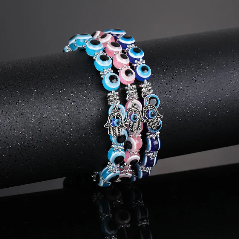 Vintage Handmade Acrylic Devil Eyes Beaded Bracelet Hamsa Hand Charm Blue Resin Evil Eyes Beads Bracelet