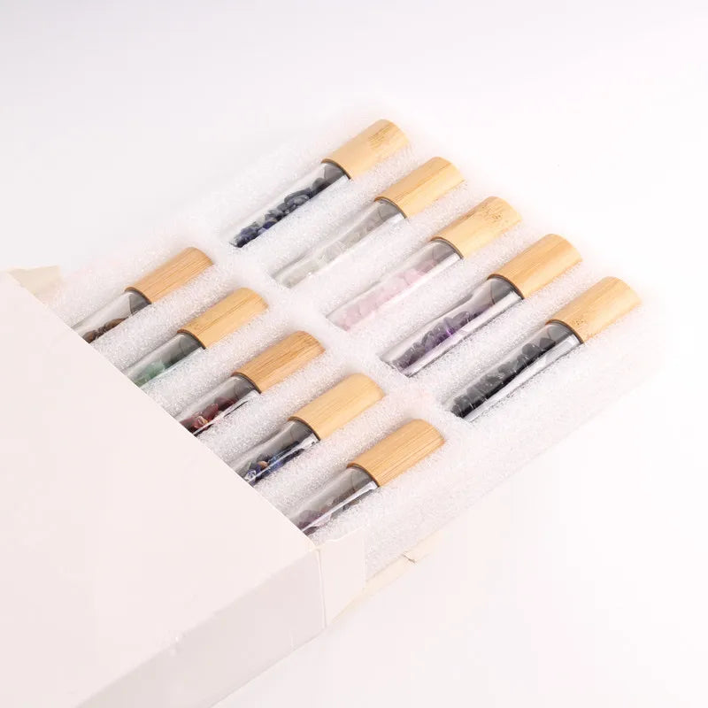 New Style Gemstone Glass Roll on Perfume Essential Oil Roller Crystal Bottle 10ml Inside for Oil with Wooden Bamboo Lid