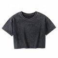 Custom Women Retro Vintage Letters Embroidery Summer Distressed Black O-Neck Acid Washed Crop Top Tee Tshirt for Female