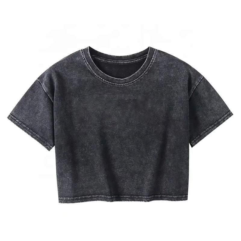 Custom Women Retro Vintage Letters Embroidery Summer Distressed Black O-Neck Acid Washed Crop Top Tee Tshirt for Female