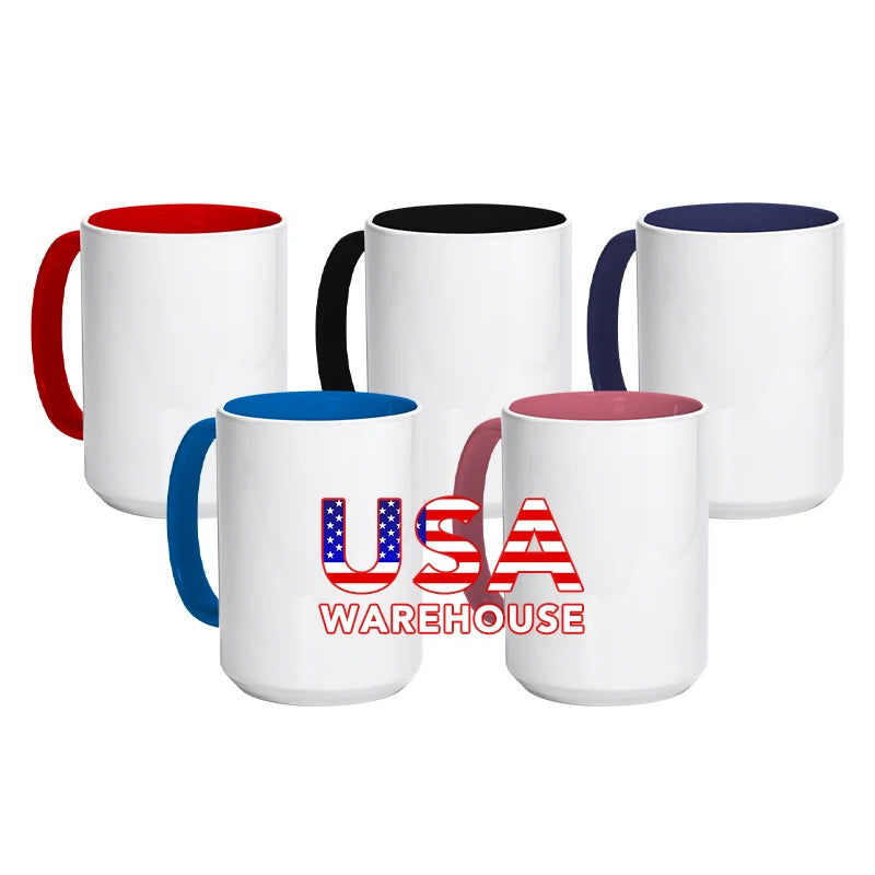 RTS 15oz Sublimation Ceramic Coffee Mug with Colored Inside and Colored Handle 36PCS/CTN
