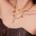 18K Gold-Plated Stainless Steel Full-Zircon Heart Crown Pendant and Multiple Accessories Necklace
