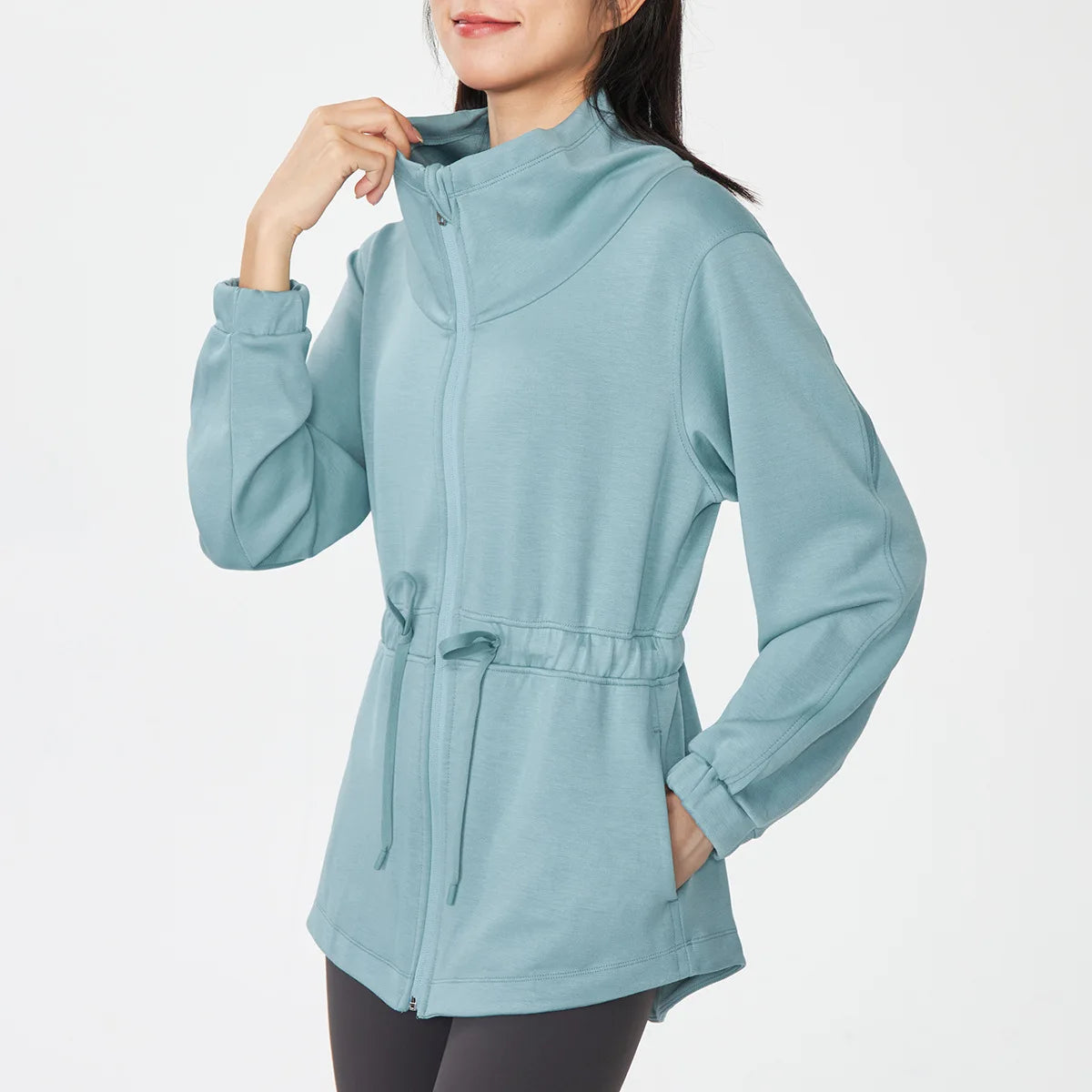 Sports Women's One Shoulder Neck Solid Color Zipper Drawstring Coat Yoga Outdoor Training Running Fitness Clothes
