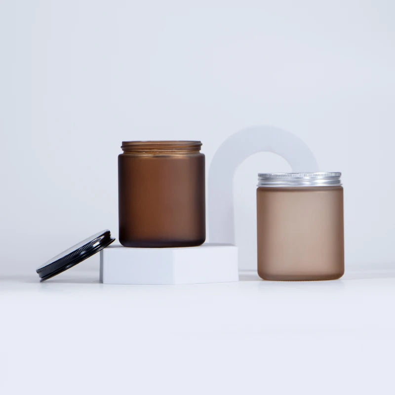 250ml Nordic Empty Round Bottom Frosted Amber Glass Candle Jar for Candle with Metal Lid
