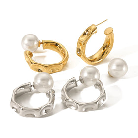 Chic Stainless Steel Gold Plated Pearl Earrings Chunky Concave C-Shape Hoop Earrings Women Luxury Pearl