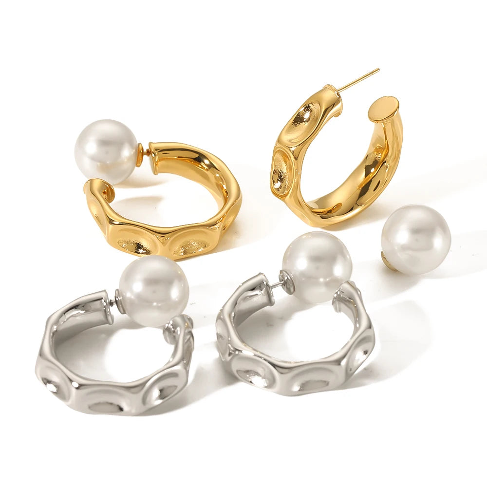 Chic Stainless Steel Gold Plated Pearl Earrings Chunky Concave C-Shape Hoop Earrings Women Luxury Pearl
