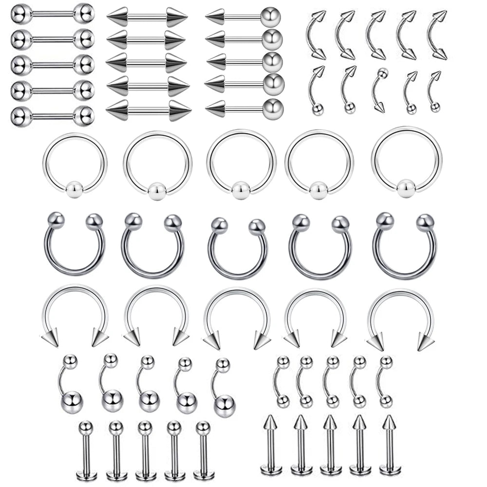 Fashion Piercing Set Eyebrow Bar Lip Nose Ring Stainless Steel Ear Studs Stainless Steel Mixed Body Jewelry Tongue Ring Belly