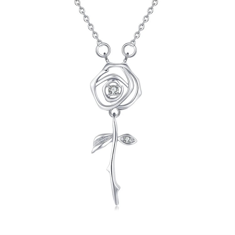 Vintage Romantic Women Choker Necklace 925 Sterling Silver Rhodium Plated Rose Flower Pendant Necklace