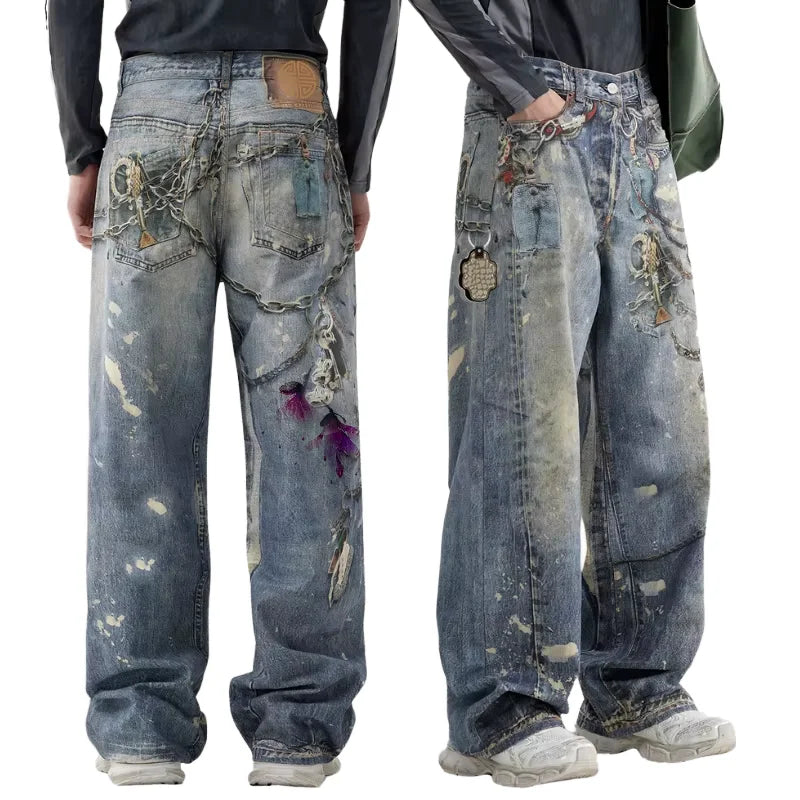 High Street Cotton Washed 3D Digital Key Chains Printed Mens Denim Pants Loose Men's Jeans Straight Vintage Baggy Jeans for Men
