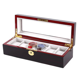 Luxury 6-Slot Dark Red Glossy Wood Watch Display Show Box with Key Luxury Wood Lacquered Case