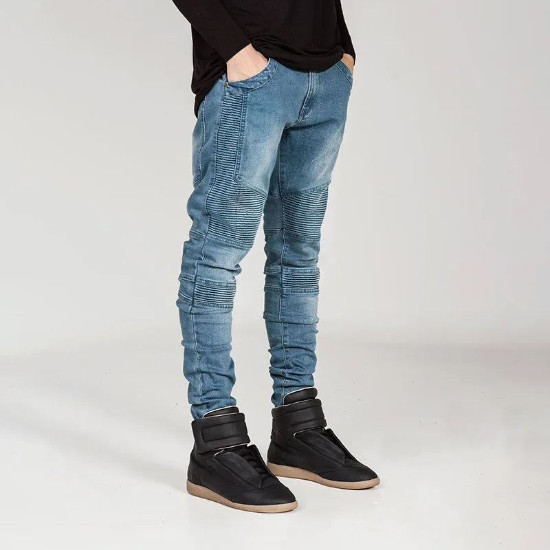 RNSHANGER Trendy Men's Biker Jeans Fashion Hip Hop Denim Pants Joggers Streetwear Slim-fit Motorcycle Jeans