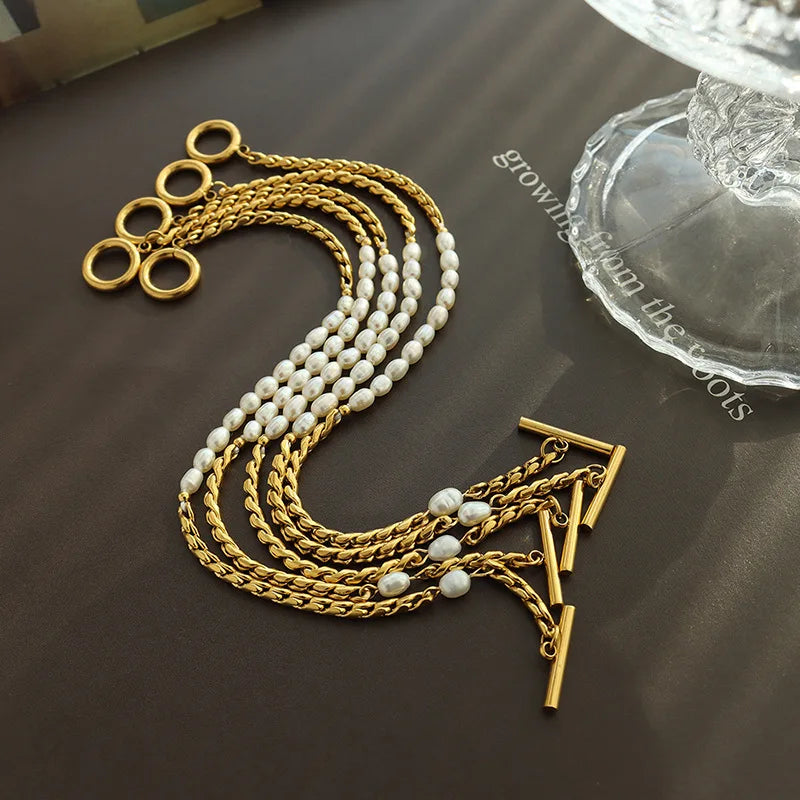 Classical Pearl Bracelet 18k Gold-plated Stainless Steel Ot Buckle Twisted Rope Chain Freshwater Pearl Stitching Bracelet