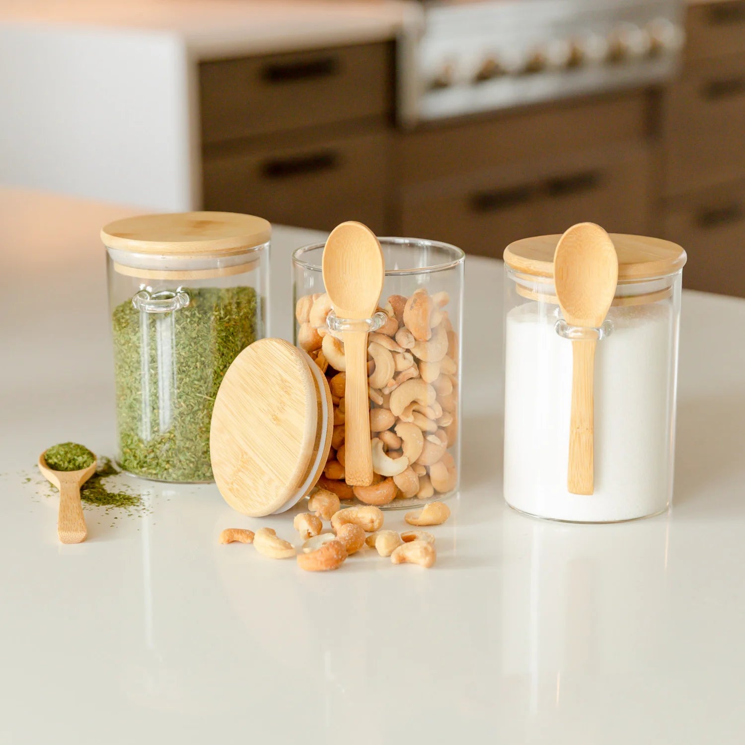 Set of 3 Airtight Glass Jars with Bamboo Lids & Spoons Overnight Oats Containers with Lids Glass Canisters Hold Coffee Beans