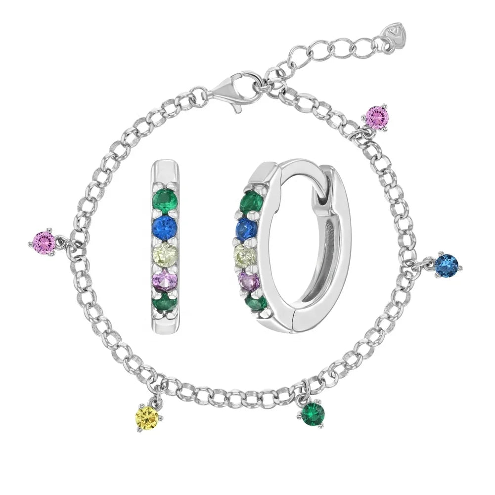 Custom Silver Jewelry Tiny Multicolor Cubic Zirconia Rainbow Bracelet Huggies Earring Sets Gifts for Little Girls