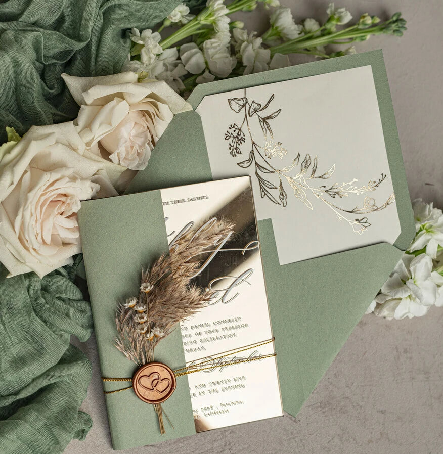New Desgin Luxury Sage Green Tusacny Gold Greece Passport Wedding Invitation Cards Abroad Greenery Destination Travel Map