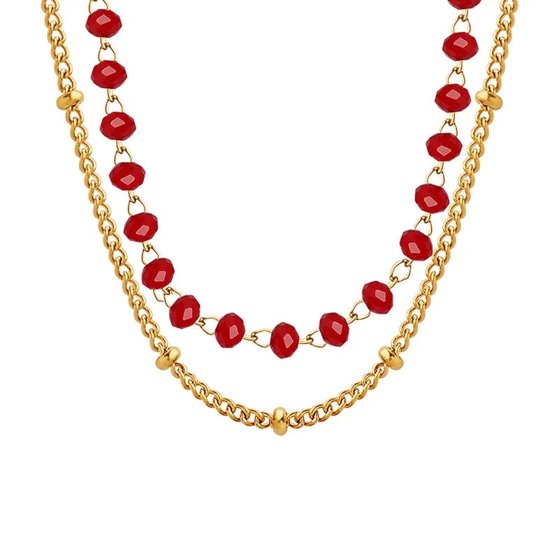 Personality Black and Red Glass Bead Splicing Double Layered Delicate Stainless Steel18K Gold Plated Necklace Jewelry