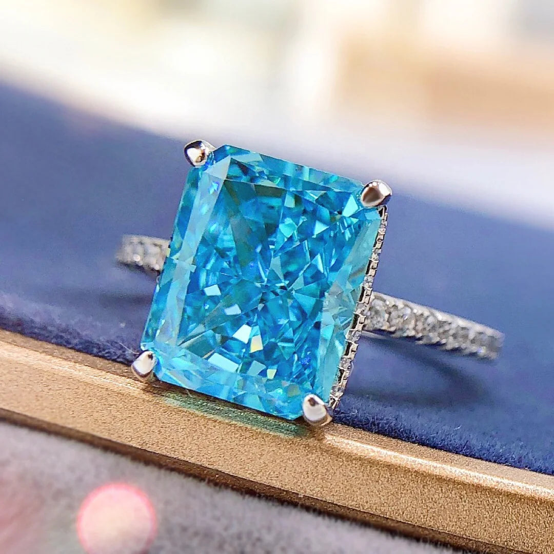 8*10mm 4ct Radiant Cut Blue High Carbon Iced Wedding Ring 925 Sterling Silver High-End Jewelry for Women Rhodium Plated