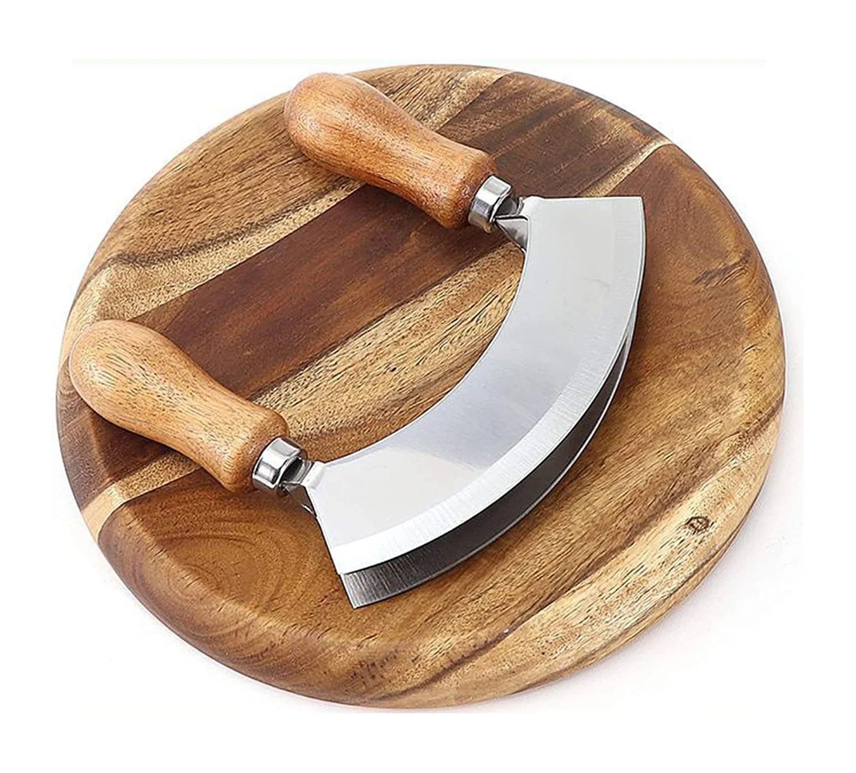 Acacia Wood Cutting Board& Mezzaluna KnifeWood Herb Chopper Weighing Knife with Chopping Board 2 Bladed Curved Herb Cutter