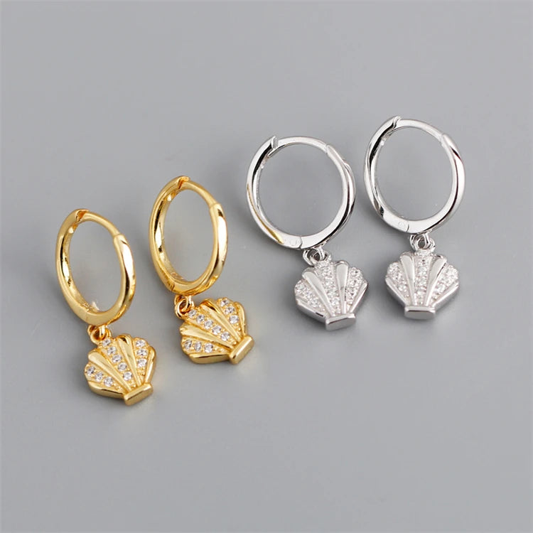 Dainty Trendy 925 Sterling Silver Fashion Gold Plated Shell Zircon Hoop Earrings for Women