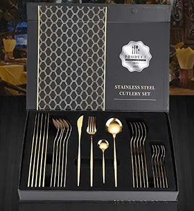 High Grade Fancy 24 Piece Mirror Gold Plated Dinner Stainless Steel Flatware Cutlery Set
