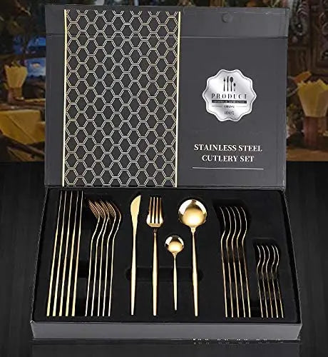 High Grade Fancy 24 Piece Mirror Gold Plated Dinner Stainless Steel Flatware Cutlery Set