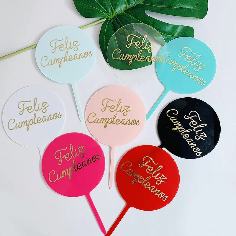 Manufacturers Gold Stamping Spanish Feliz Cumpleanos Acrylic Cake Topper Round Brand  Baking Cake Decoration