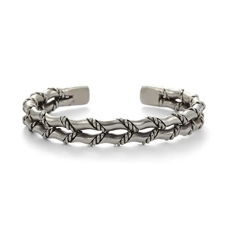 Vintage Thai Silver Bangle Statement Handmade Braided Open Bracelet Fashion Double Bamboo Bracelet for Women Men