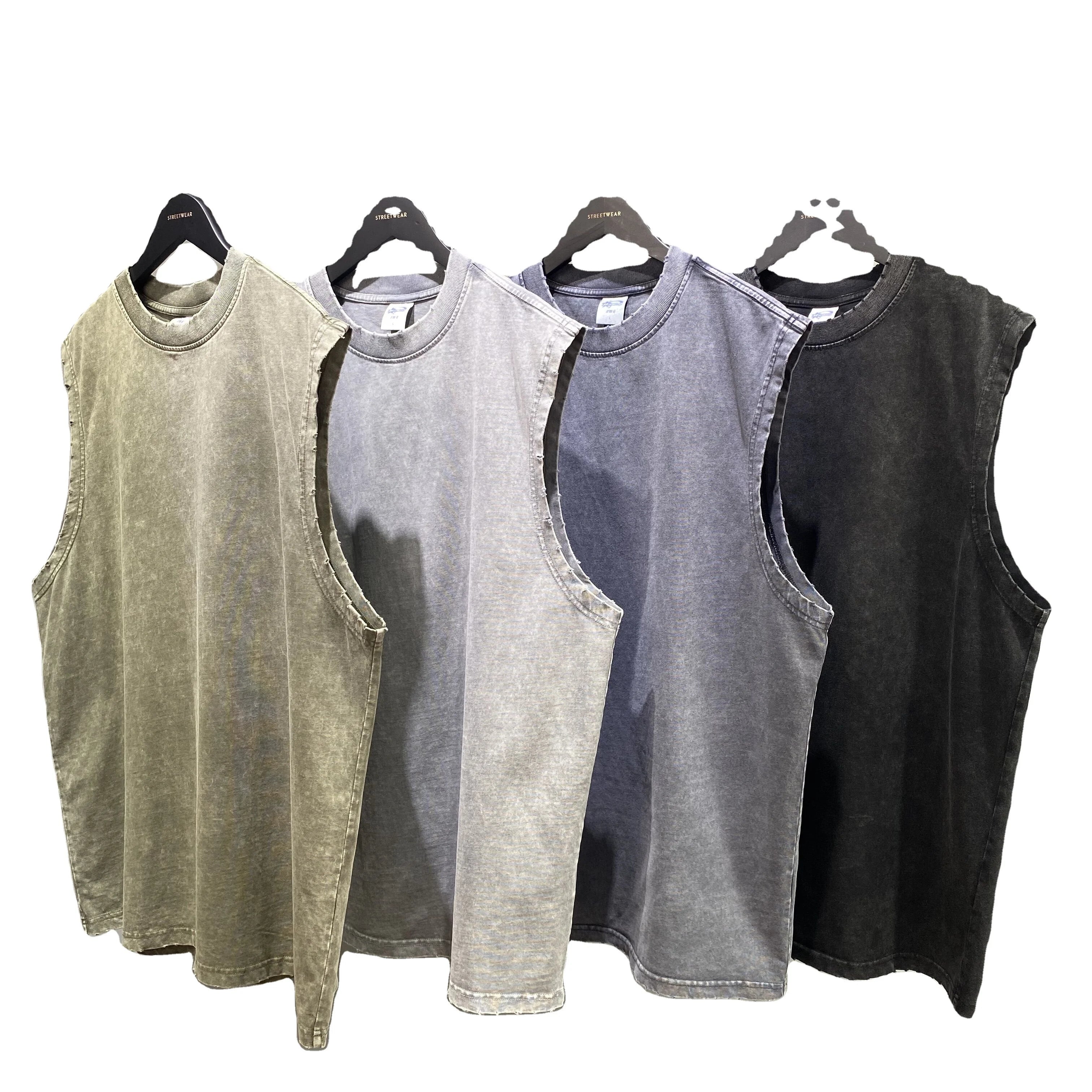 2023 New Style High Quality 100% Cotton Solid Knitted Distressed Retro Sleeveless Hip Hop Vintage Washed Big Tall Tank Tops Men