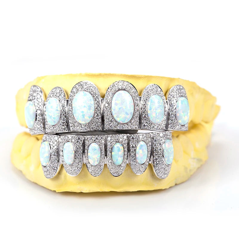 Custom Hip Hop Jewelry 10K 14K 18K Gold 925 Silver Grillz Iced Out Oval Opal Moissanite Diamond Grillz