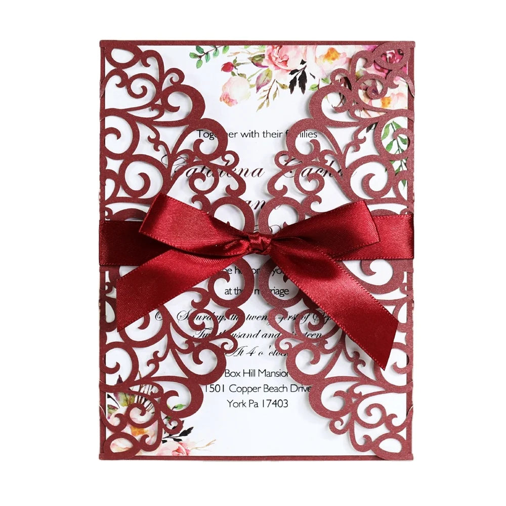 European Style Wedding Invitation Lace Laser Cut Paper Birthday Invitation Cards with Ribbon Bows MegaBDM